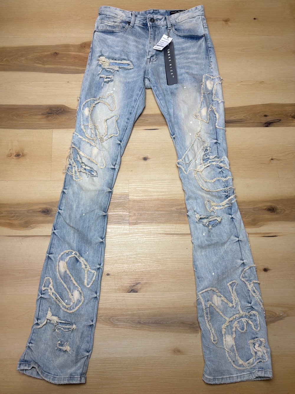 Smoke Rise Cut & Sewn Rip Off Letter Stacked Flare Jeans NWT 30x36